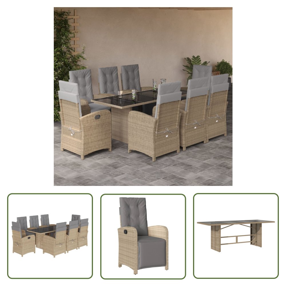 The Living Store 9-cz. zestaw mebli ogrodowych z poduszkami - beżowy - polirattan - Meble Ogrodowe