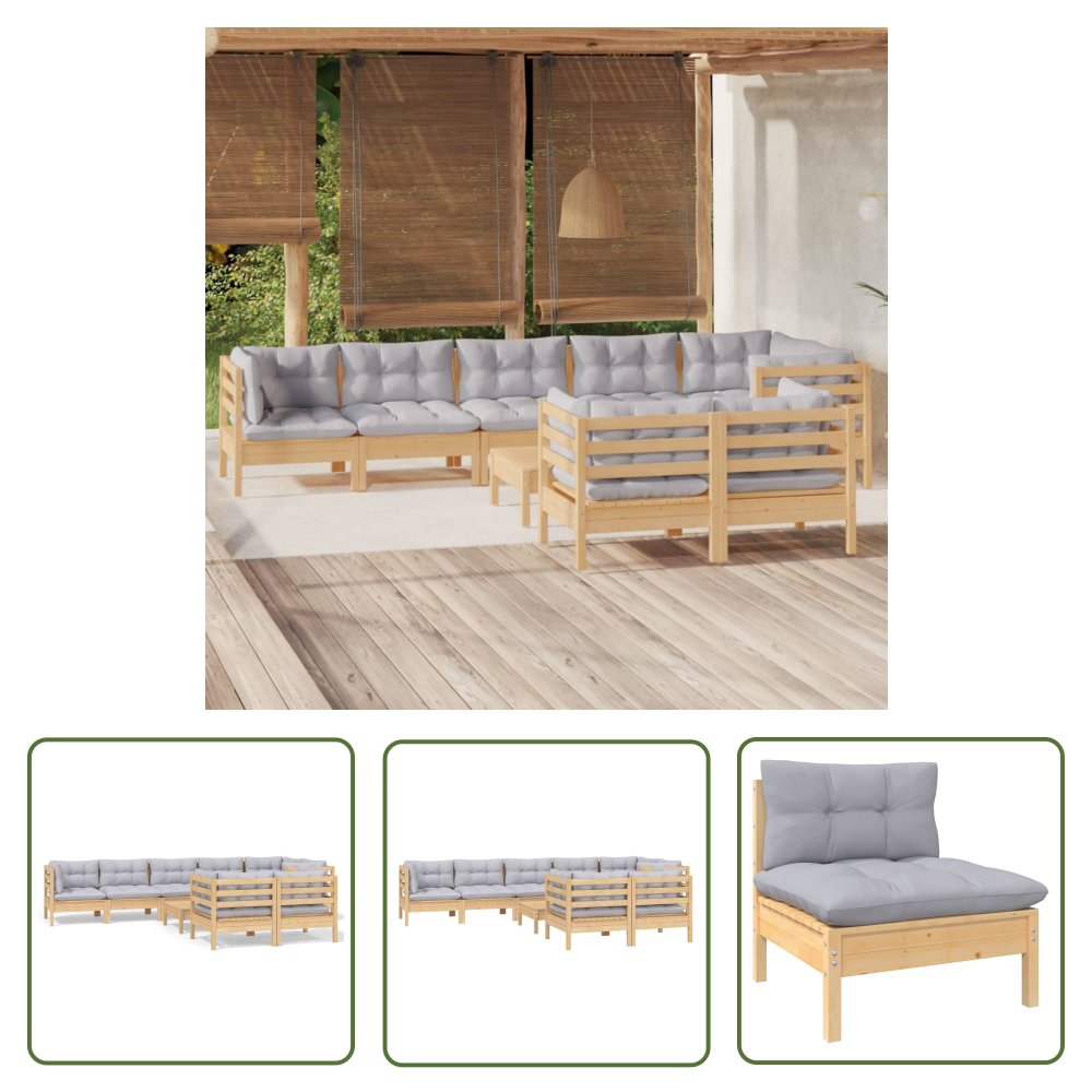 The Living Store 9-cz. zestaw wypoczynkowy do ogrodu - szare poduszki - sosna - Zestaw Wypoczynkowy Do Ogrodu