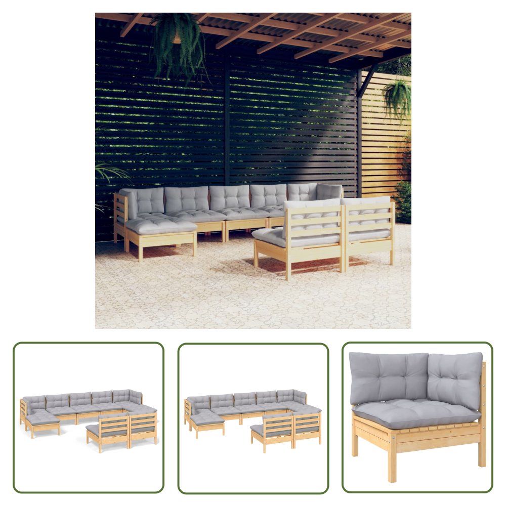 The Living Store 9-cz. zestaw wypoczynkowy do ogrodu - szare poduszki - sosnowy - Zestaw Wypoczynkowy Do Ogrodu
