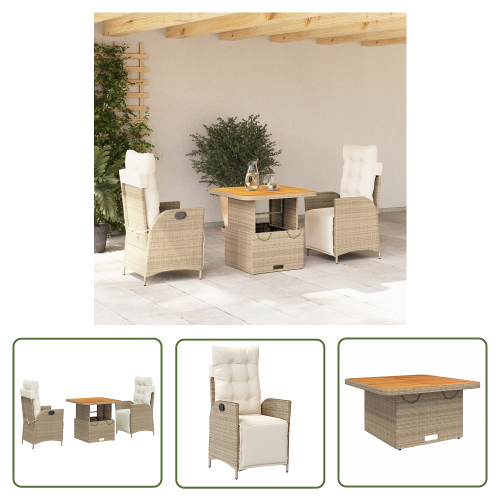 The Living Store 3-cz. zestaw mebli ogrodowych z poduszkami - beżowy - polirattan - Meble Ogrodowe
