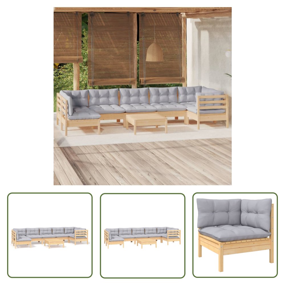 The Living Store 8-cz. zestaw wypoczynkowy do ogrodu - szare poduszki - sosna - Zestaw Wypoczynkowy Do Ogrodu