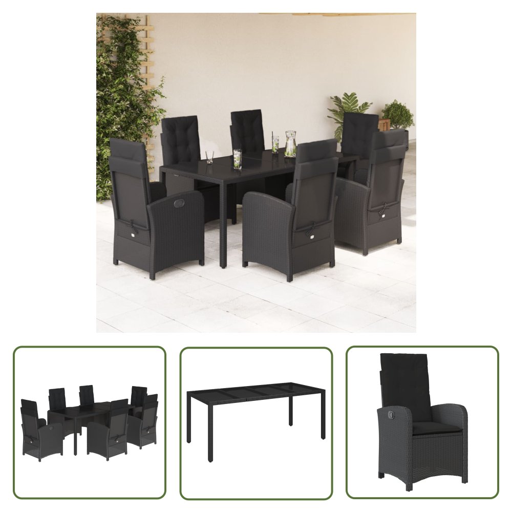 The Living Store 7-cz. zestaw mebli ogrodowych z poduszkami - czarny - polirattan - Meble Ogrodowe