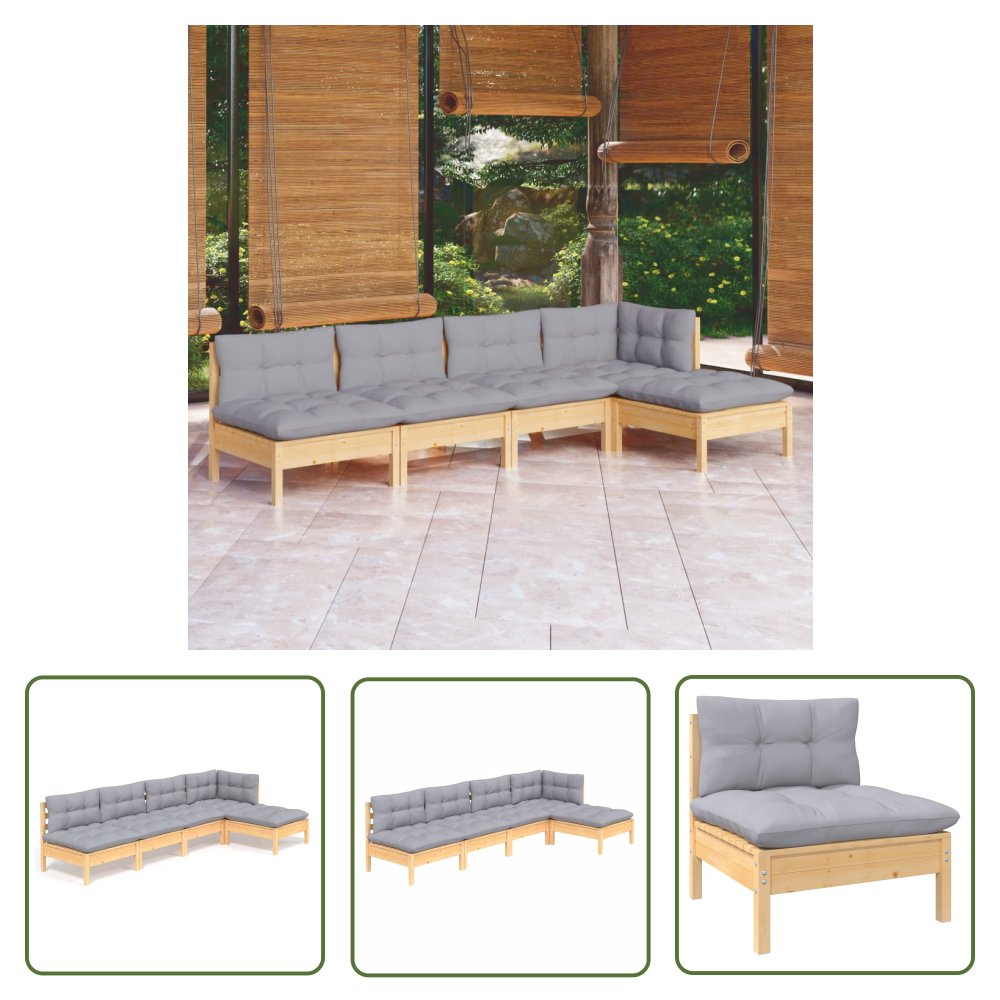 The Living Store 5-cz. zestaw wypoczynkowy do ogrodu - szare poduszki - sosna - Zestaw Wypoczynkowy Do Ogrodu