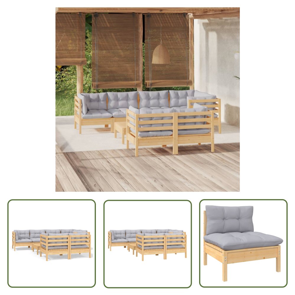 The Living Store 8-cz. zestaw wypoczynkowy do ogrodu - szare poduszki - sosna - Zestaw Wypoczynkowy Do Ogrodu