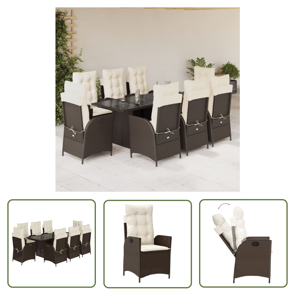 The Living Store 9-cz. zestaw mebli ogrodowych z poduszkami - brązowy - rattan PE - Meble Ogrodowe