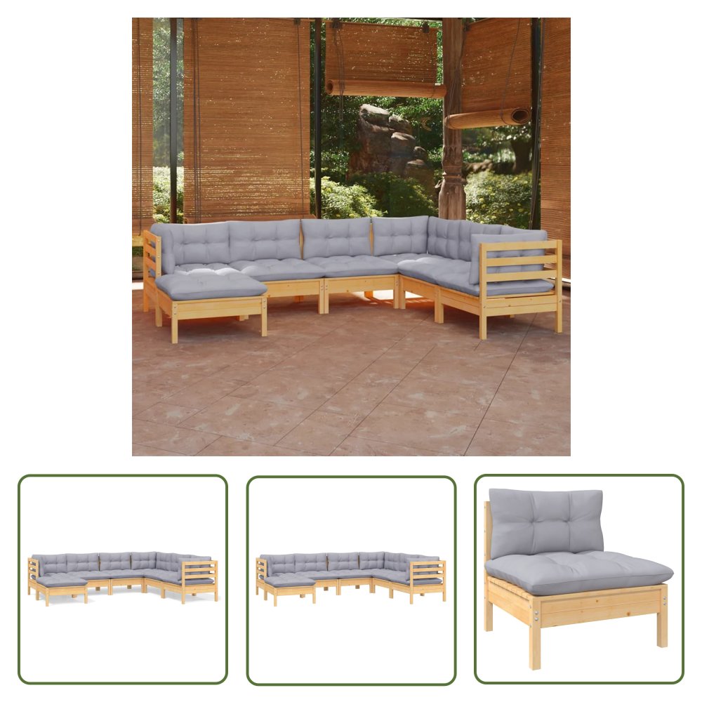 The Living Store 7-cz. zestaw wypoczynkowy do ogrodu - szare poduszki - sosna - Zestaw Wypoczynkowy Do Ogrodu