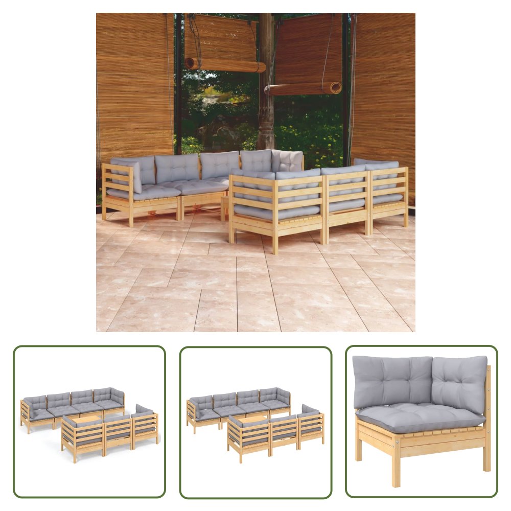 The Living Store 8-cz. zestaw wypoczynkowy do ogrodu - szare poduszki - sosna - Zestaw Wypoczynkowy Do Ogrodu