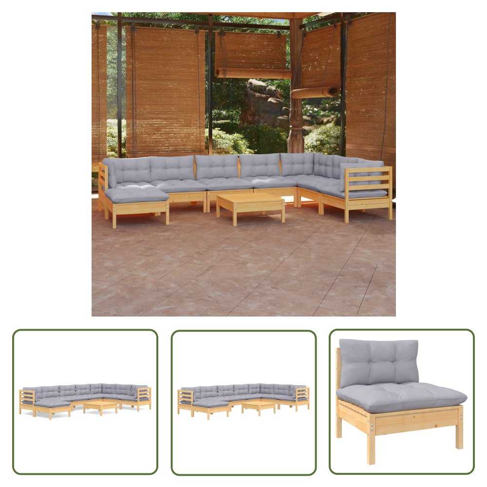 The Living Store 9-cz. zestaw wypoczynkowy do ogrodu - szare poduszki - sosna - Zestaw Wypoczynkowy Do Ogrodu