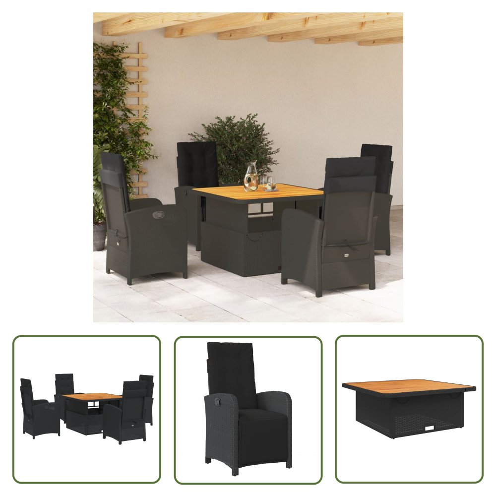 The Living Store 5-cz. zestaw mebli ogrodowych z poduszkami - czarny - polirattan - Meble Ogrodowe