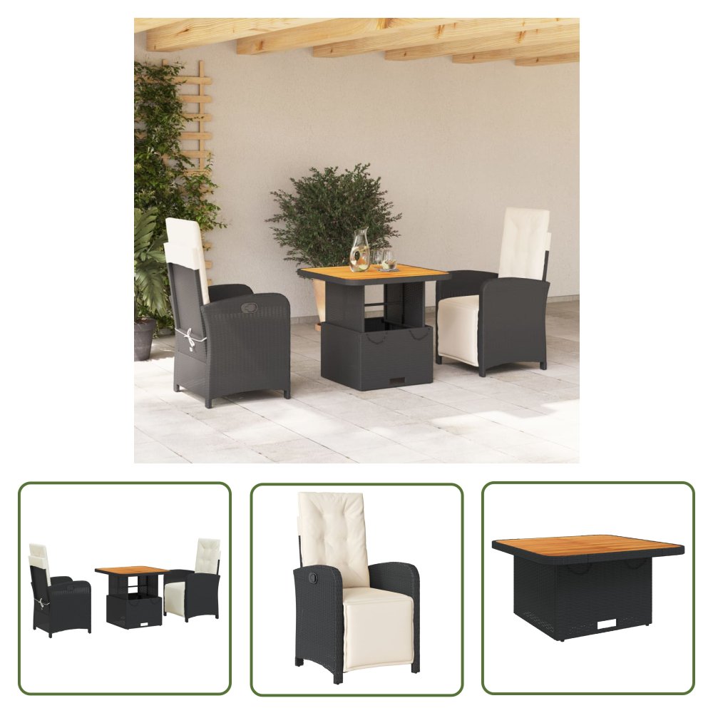 The Living Store 3-cz. zestaw mebli ogrodowych z poduszkami - czarny - rattan PE - Meble Ogrodowe