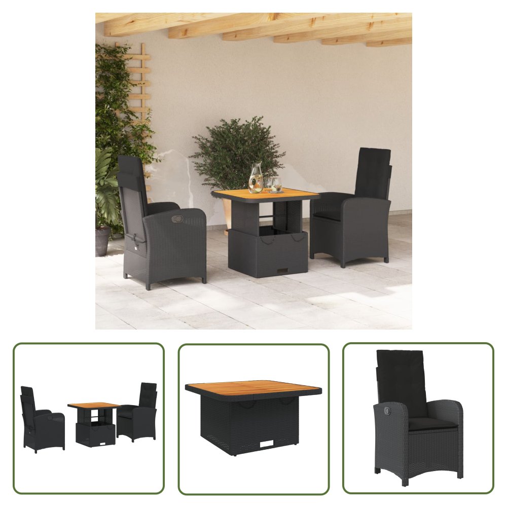 The Living Store 3-cz. zestaw mebli ogrodowych z poduszkami - czarny - rattan PE - Meble Ogrodowe