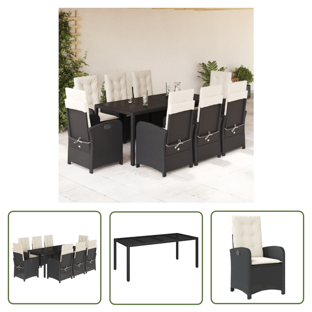 The Living Store 9-cz. zestaw mebli ogrodowych z poduszkami - czarny - rattan PE - Meble Ogrodowe