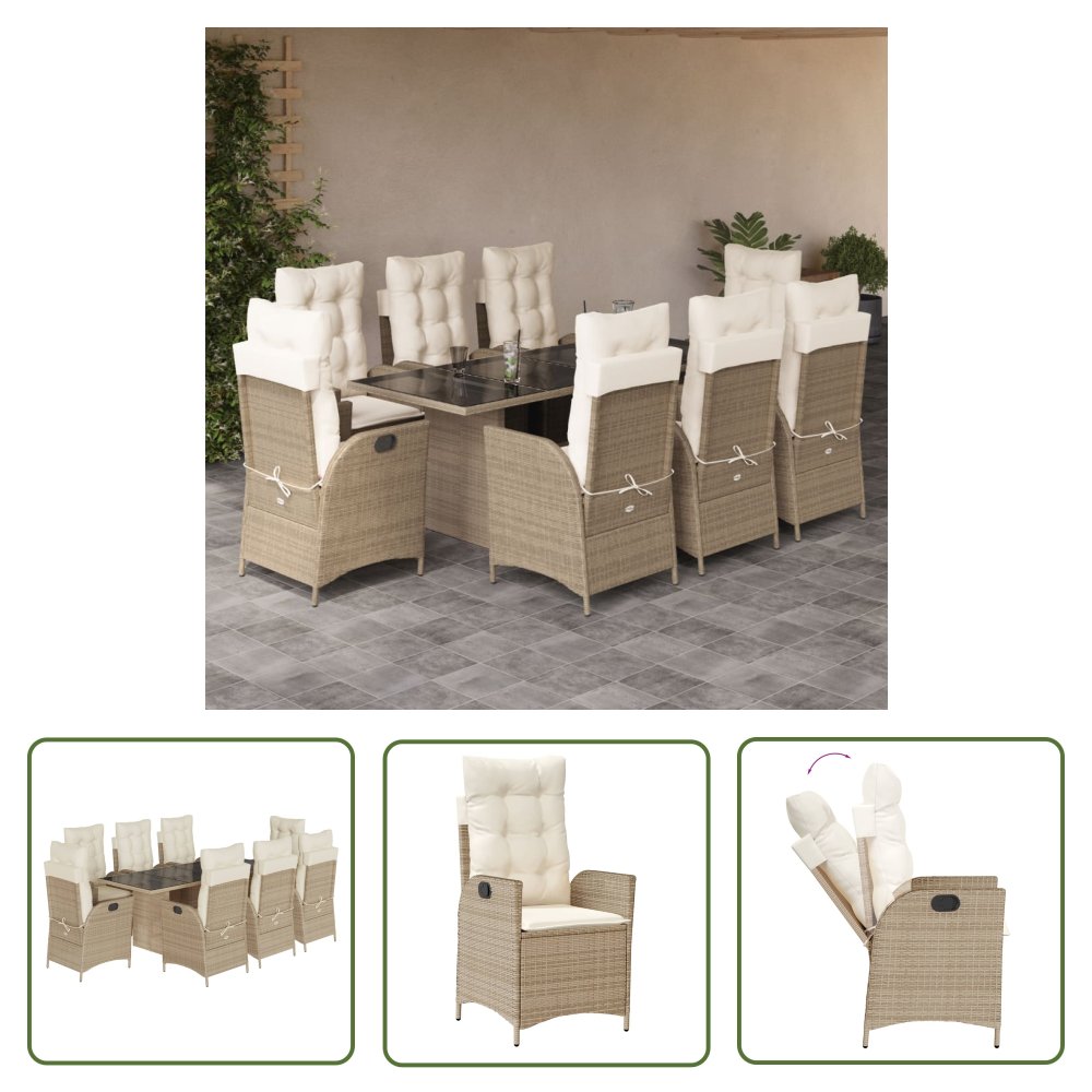 The Living Store 9-cz. zestaw mebli ogrodowych z poduszkami - beżowy - polirattan - Meble Ogrodowe