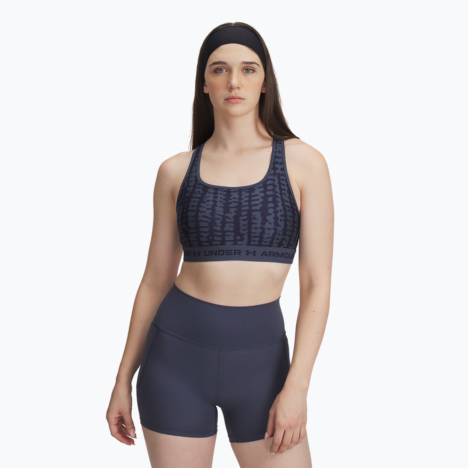 Biustonosz treningowy Under Armour Crossback Mid Print downpour gray/midnight navy/midnight navy WYSYŁKA W 24H 30 DNI NA ZWROT