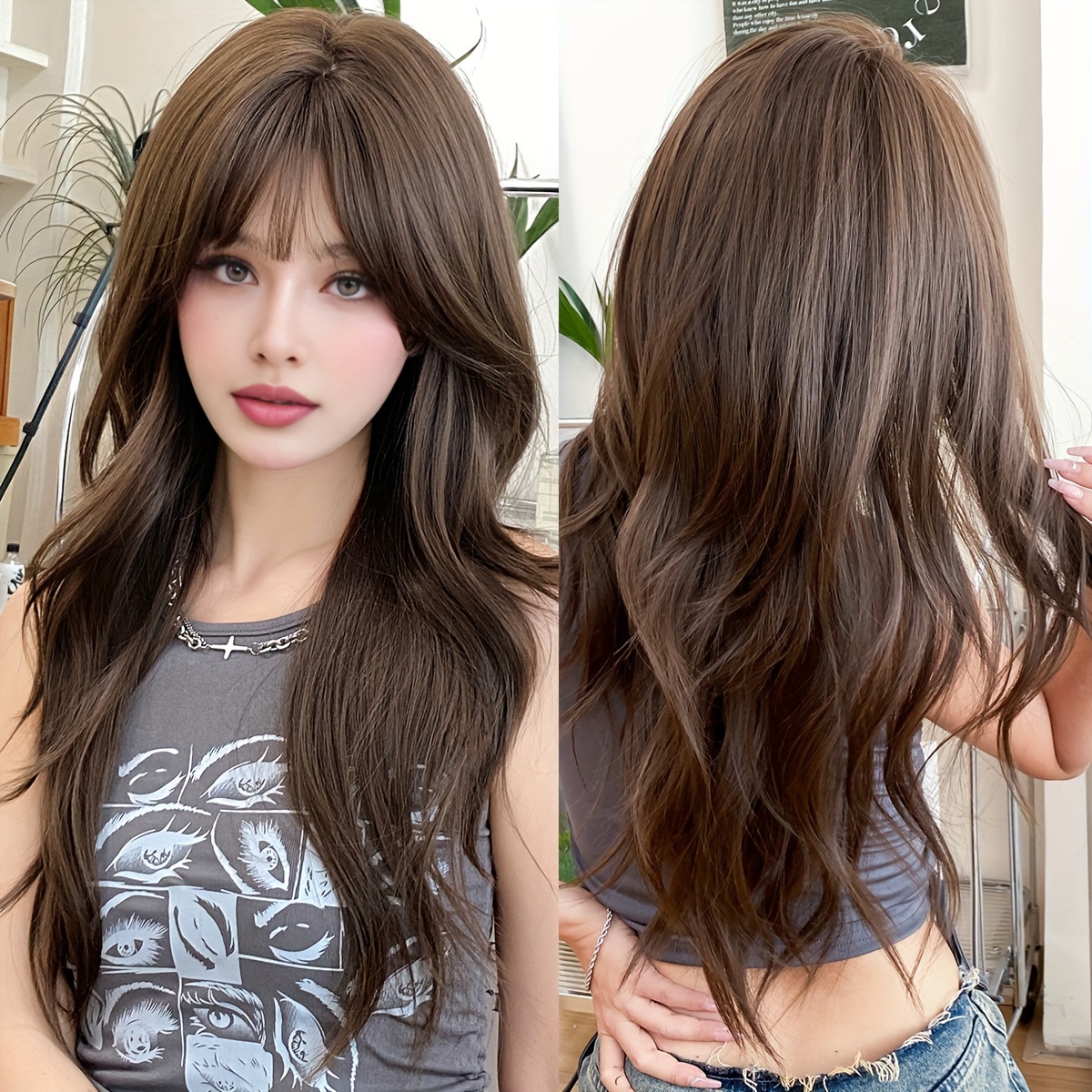 TEMU 7JHH WIGS Elegancka Luźna Kędzierzawa Peruka dla Kobiet, Wysoka Gęstość 150% Czapka z Różanej Siatki, Włosy Syntetyczne Odporne na Ciepło, Brąz