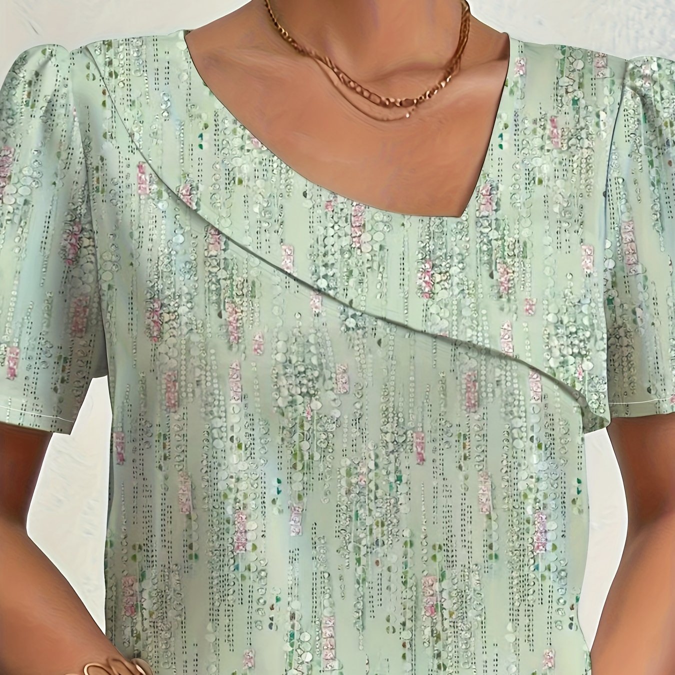 TEMU Elegancka damska letnia bluzka z krótkim rękawem i nadrukiem, z nieregularnym kołnierzykiem