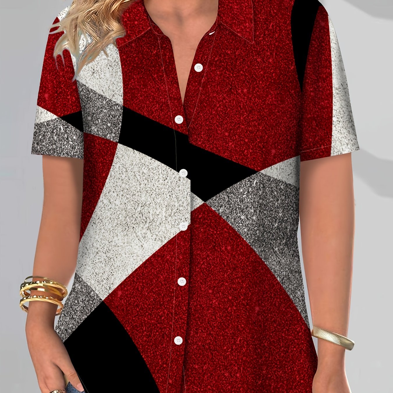 TEMU Amerykańska Casualowa Koszula z Krótkim Rękawem w Geometryczny Wzór z Blokami Kolorów i Nieregularnym Wzorem