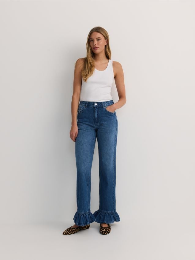 Reserved - Jeansy wide leg z falbankami - niebieski