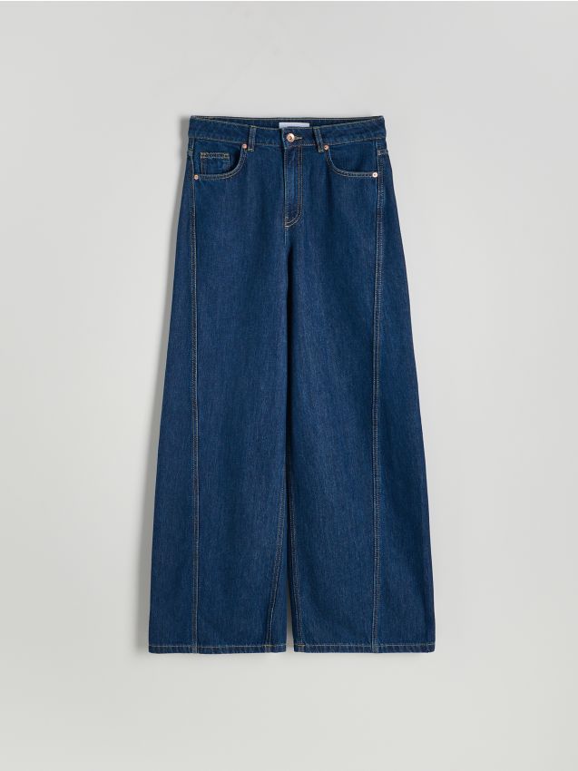 Reserved - Jeansy wide leg z przeszyciami - granatowy