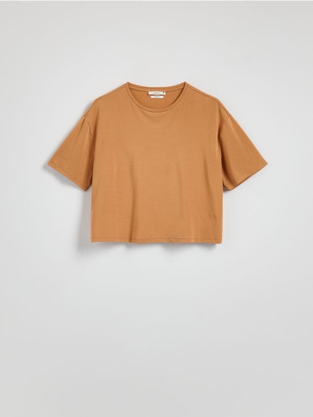 Reserved - Krótki t-shirt z modalem - musztardowy