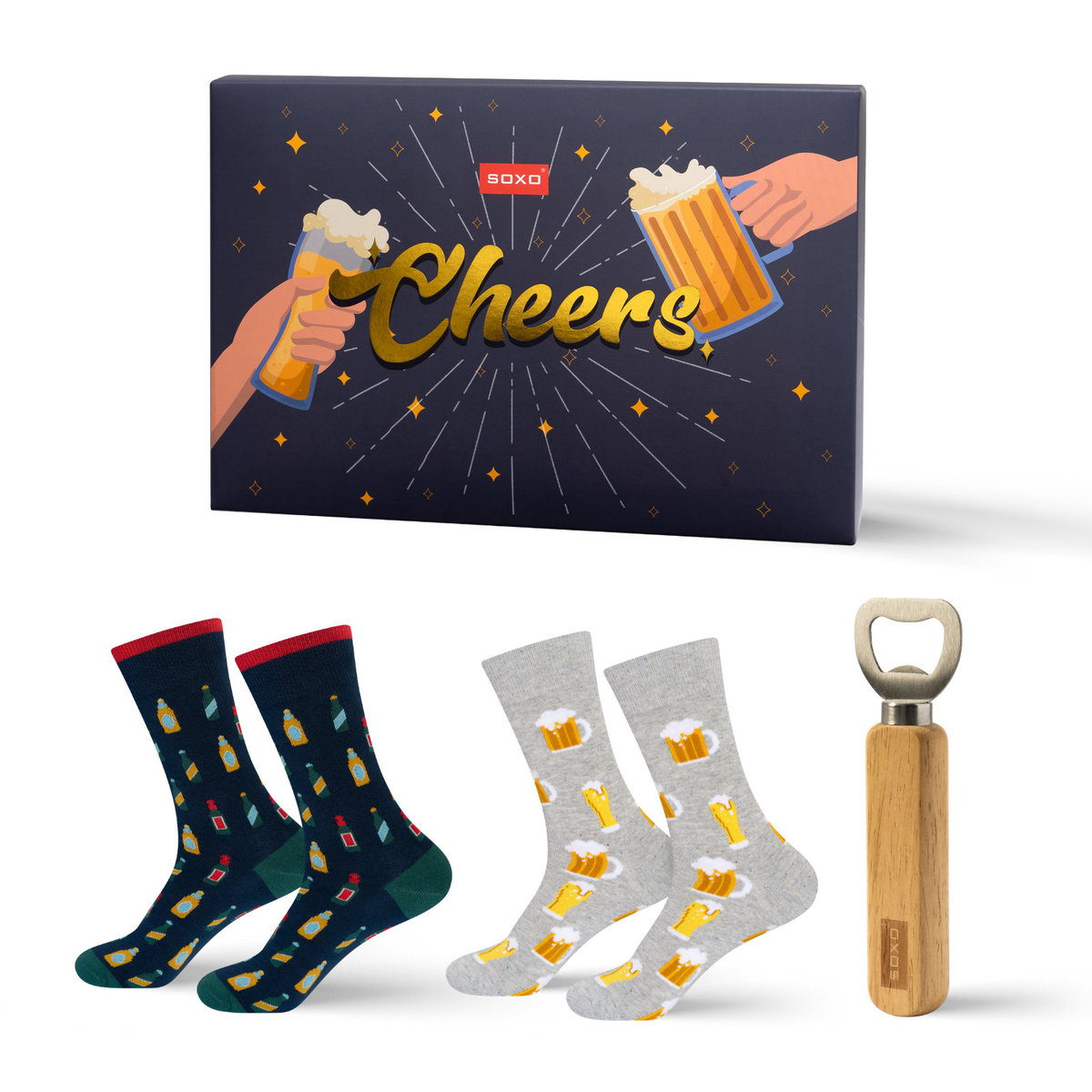 Zestaw Skarpetki męskie SOXO Cheers - 2 pary i otwieracz-40–45