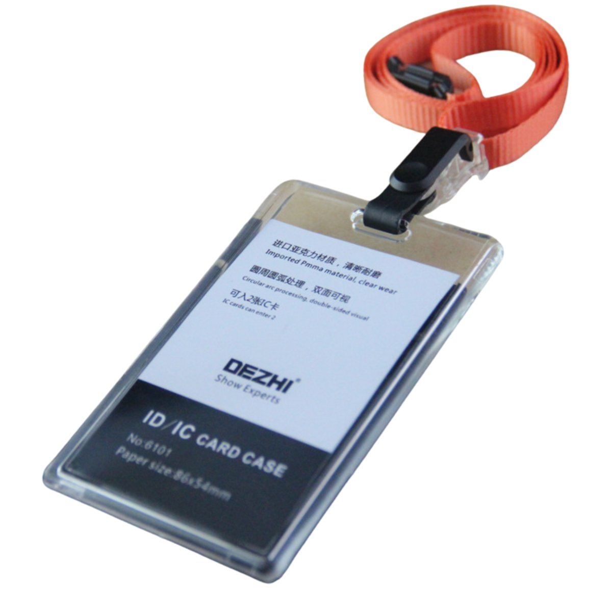 Identyfikator holder na smyczy przezroczysty – 86x54mm POMARAŃCZOWY / Dezhi