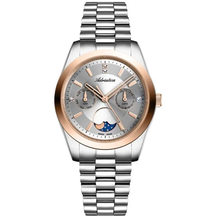 Adriatica zegarek damski srebrn0-złoto różowe z fazami ksieżyca A3802.R117QF