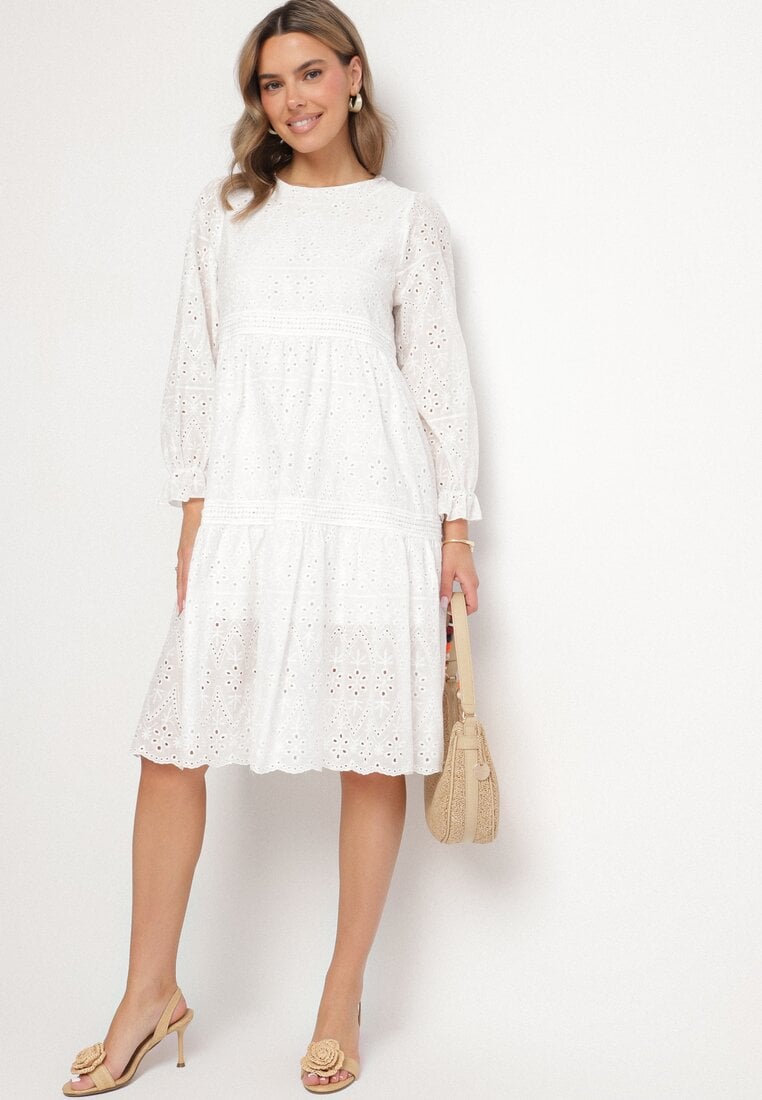 Biała Ażurowa Rozkloszowana Sukienka z Bawełny Edilavia