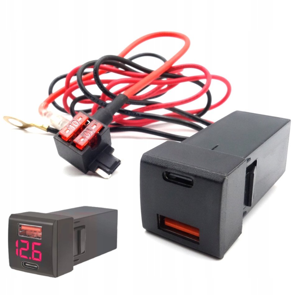 ŁADOWARKA SAMOCHODOWA MONTAŻOWA USB 12V-24V QC3.0 PD CZERWONY WOLTOMIERZ
