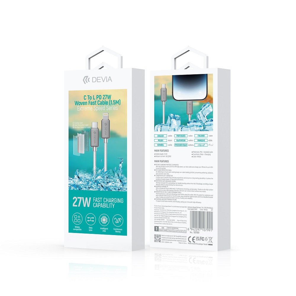 Kabel USB-C - lightning iPhone PD 27W 3A 1,5 metra Devia