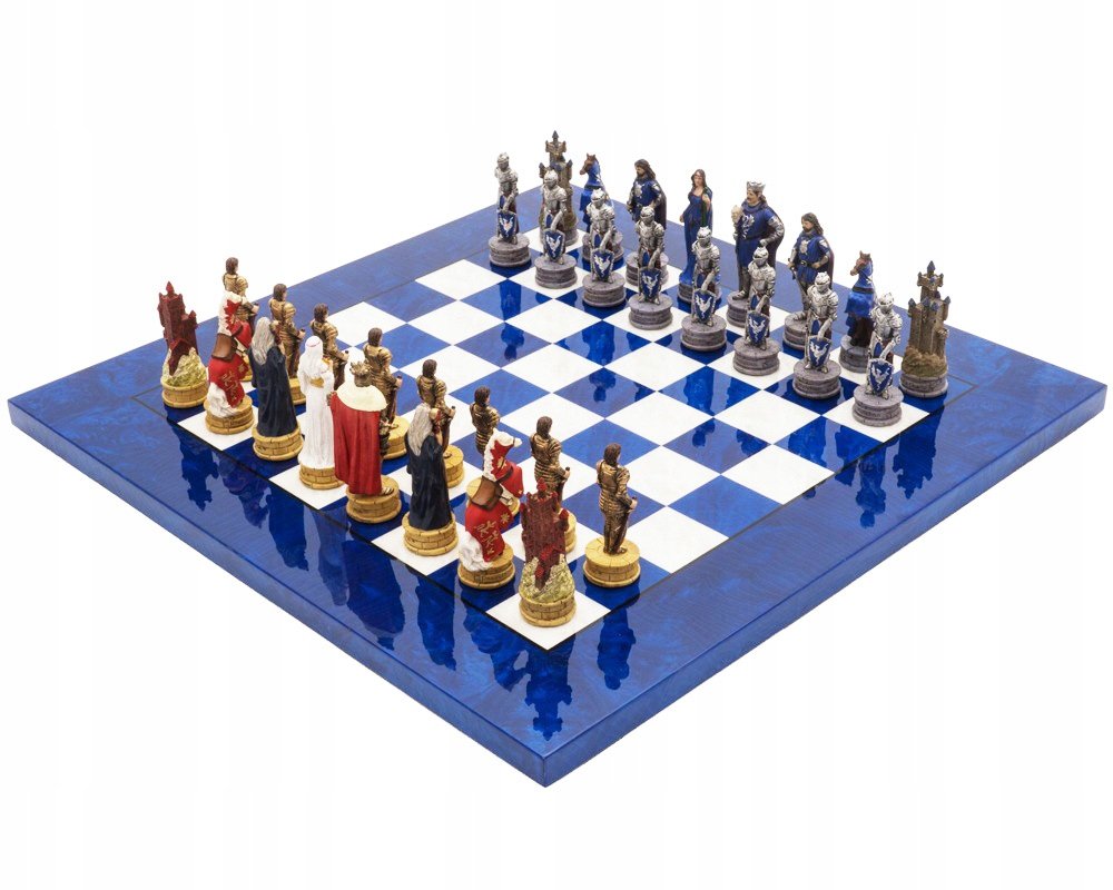 Italian Set Chess King Arthur+Chess Board Madrona Briar Wood White/Blue 42