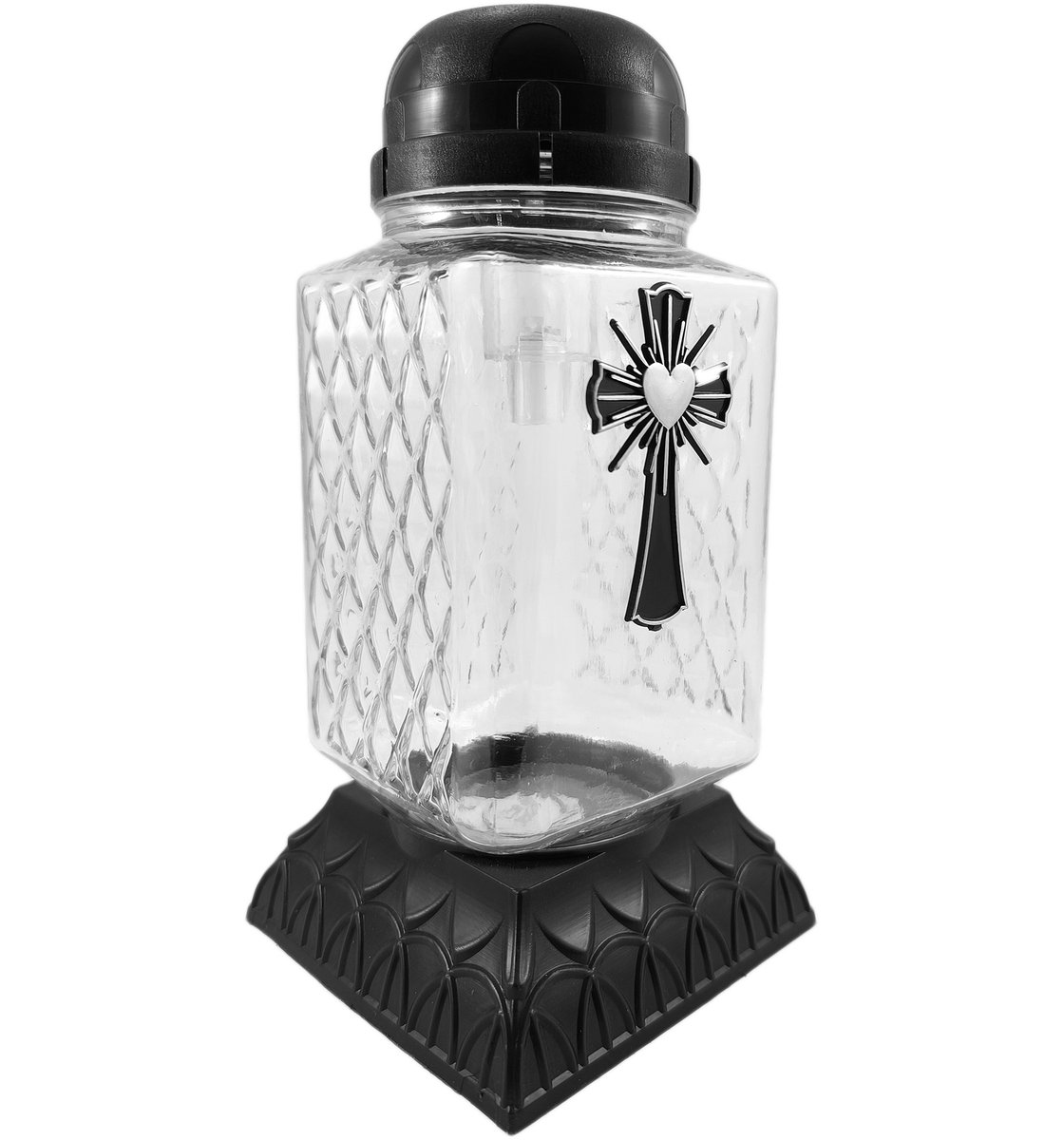 Znicz solarny czarny z krzyżem lampion szklany KWADRAT na grób