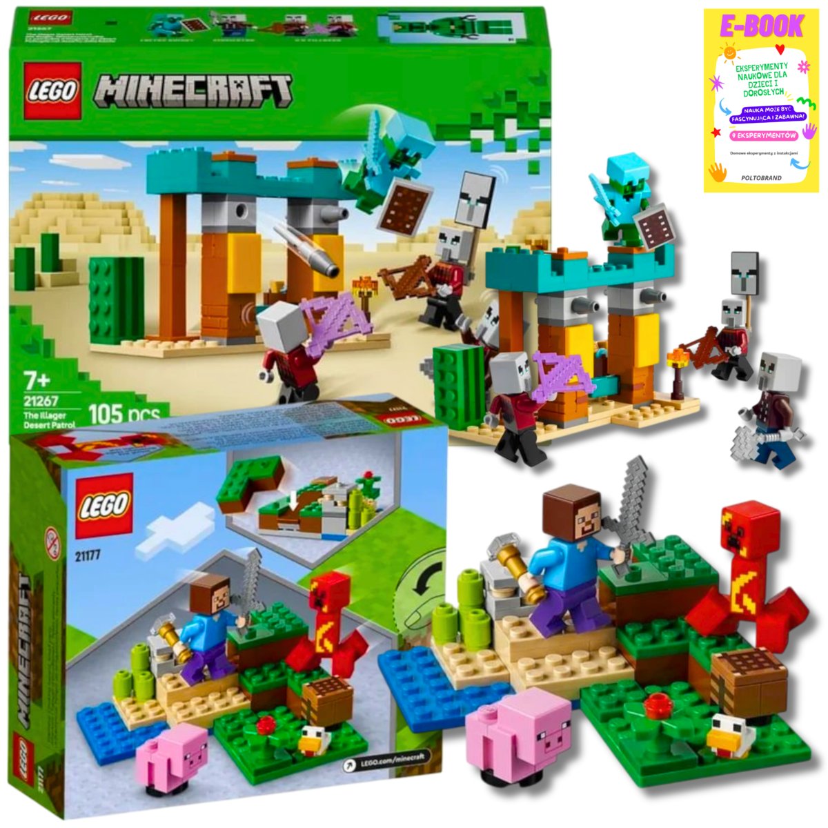 LEGO MINECRAFT ZESTAW - PUSTYNNY PATROL ZŁOSADNIKÓW (21267) + ZASADZKA CREEPERA STEVE (21177) + EBOOK