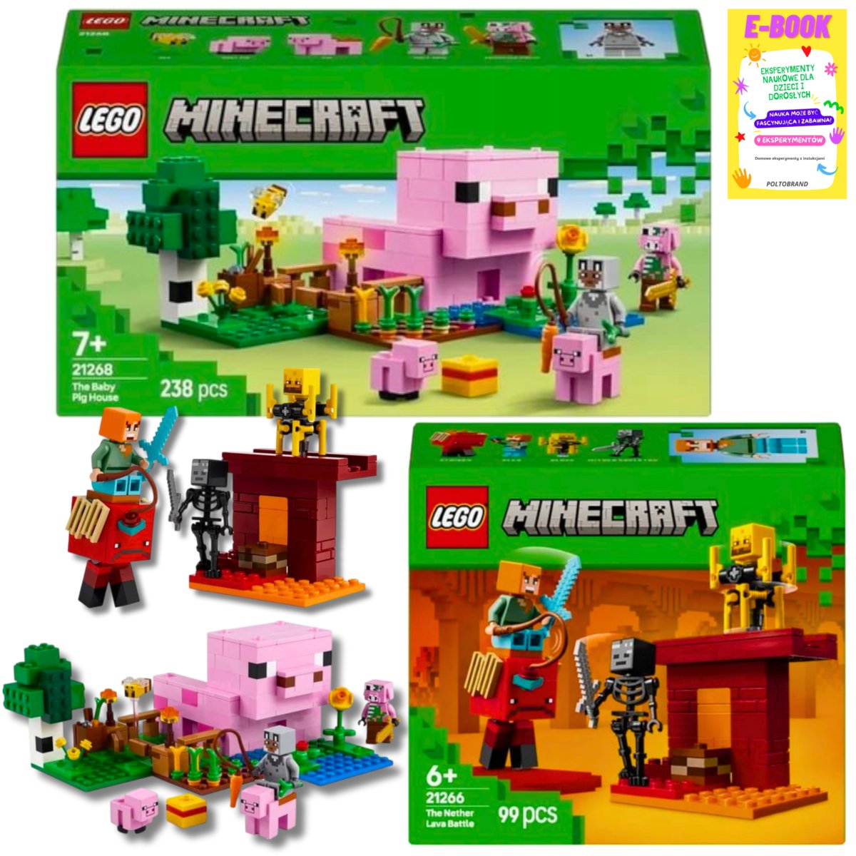 LEGO MINECRAFT ZESTAW - Bitwa na moście Netheru (21266) + DOM PROSIACZKA (21268) + EBOOK