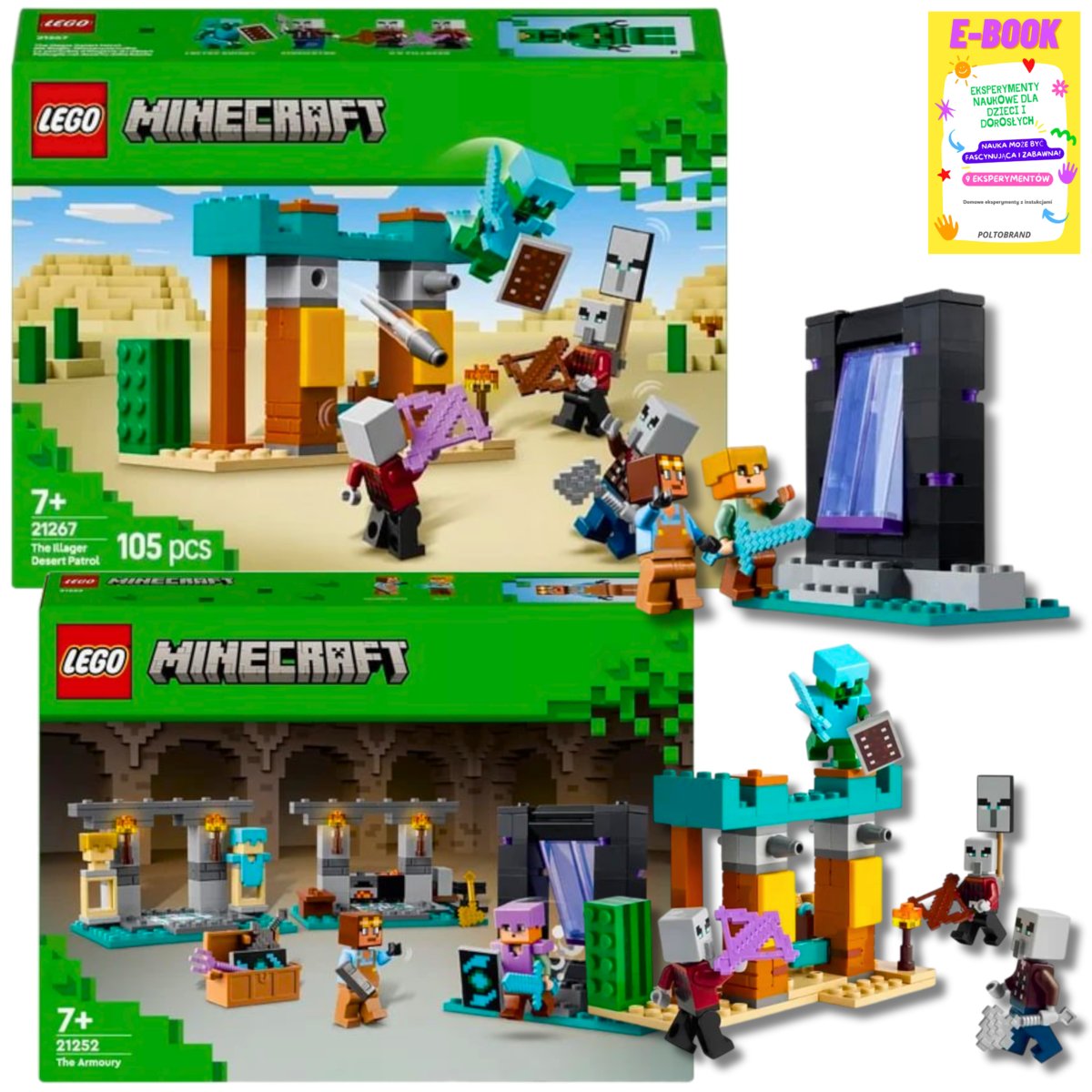 LEGO MINECRAFT ZESTAW - PUSTYNNY PATROL ZŁOSADNIKÓW (21267) + ZBROJOWNIA (21252) KLOCKI PREZENT + EBOOK