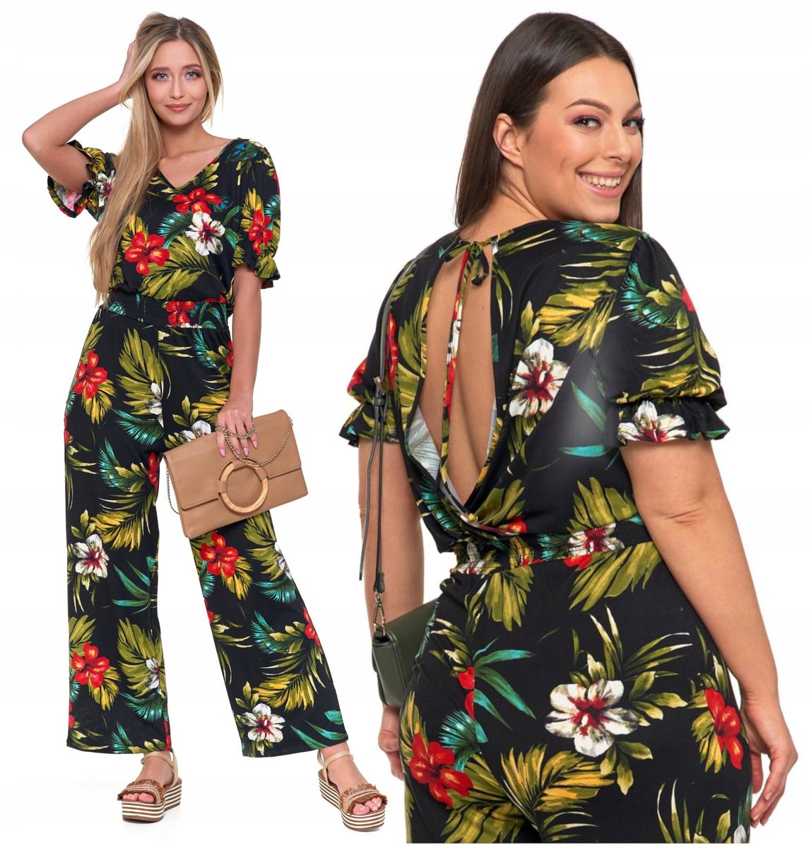Kombinezon Damski Letni Długie Szerokie Spodnie Dekolt V w Kwiaty MORAJ L