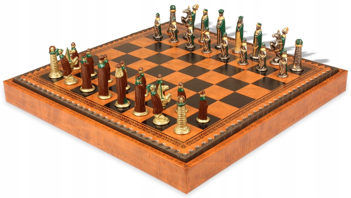 Italian Chess Medieval Hand Painted+Chess Board Leatherette Black/Brown 35