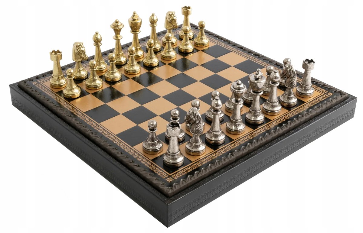 Italian Set Chess Pieces Staunton+Chess Board Leatherette Gold/Black 35