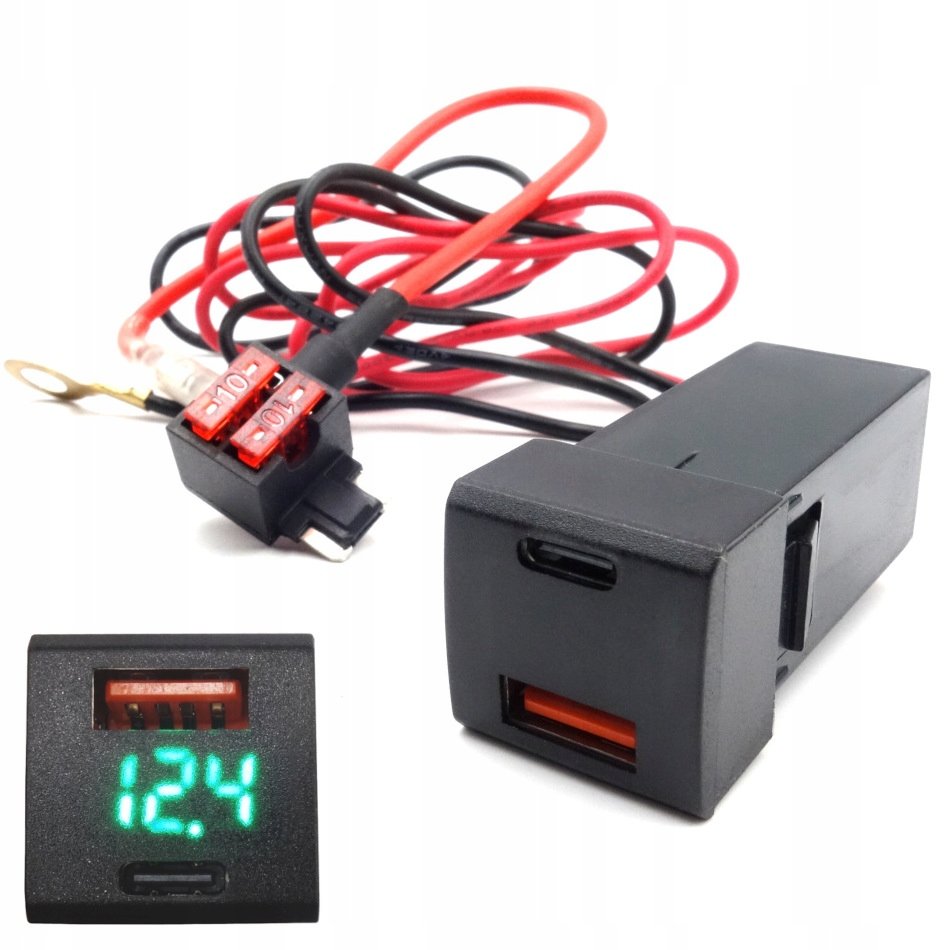 ŁADOWARKA SAMOCHODOWA MONTAŻOWA USB 12V-24V QC3.0 PD ZIELONY WOLTOMIERZ