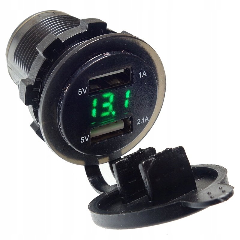 ŁADOWARKA SAMOCHODOWA 2x USB 12V-24V 3.1A WOLTOMIERZ LED ZIELONY VOLTOMIERZ
