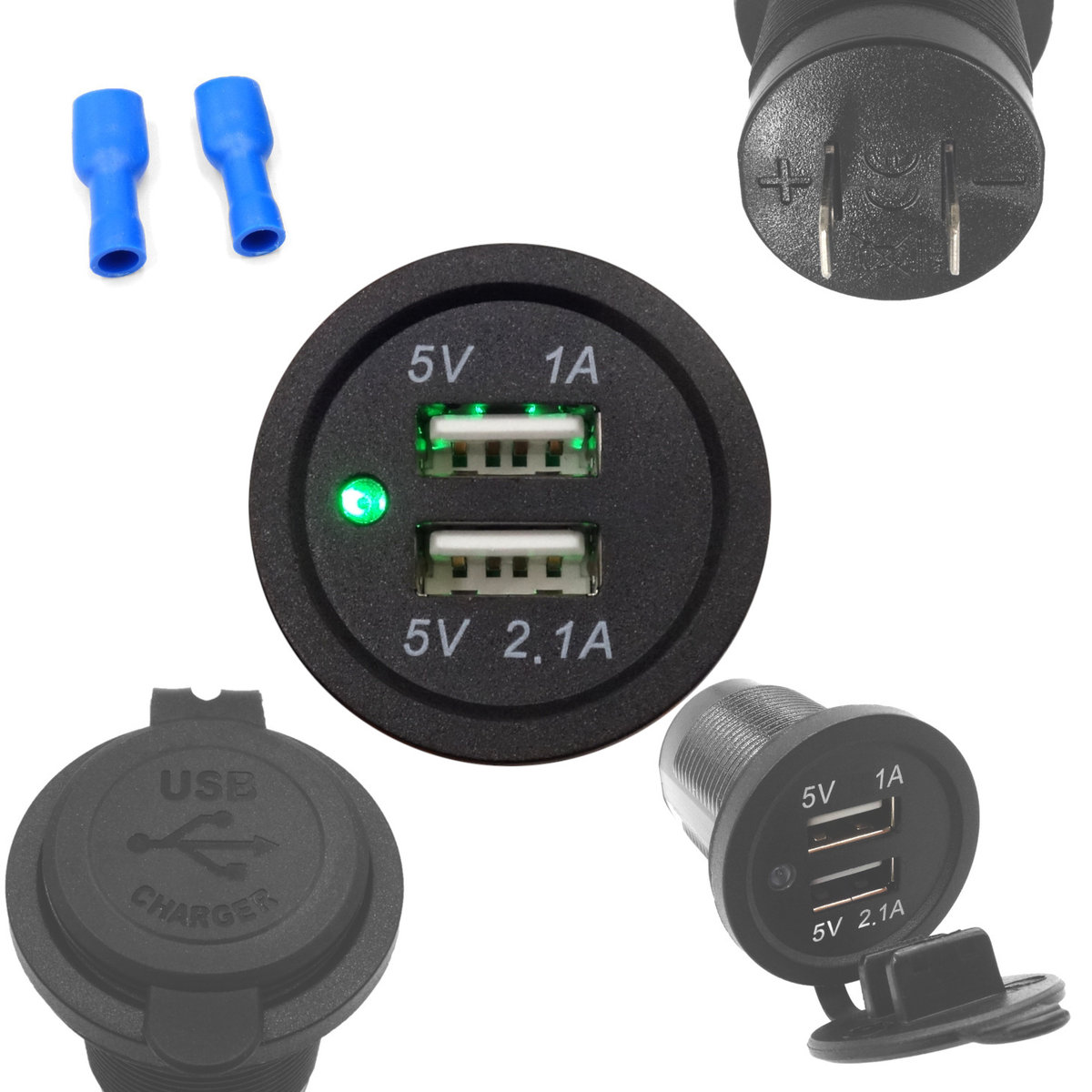 ŁADOWARKA SAMOCHODOWA MONTAŻOWA USB 12V-24V 3.1A LED DO AUTA zielony