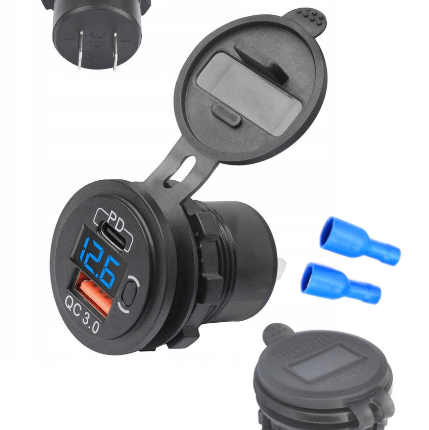 ŁADOWARKA SAMOCHODOWA MONTAŻOWA USB Z WYŁĄCZNIKIEM USB-C PD i QC3.0 DO AUTA