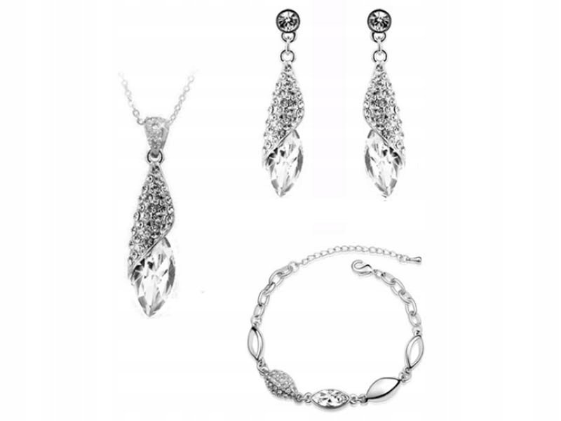 Komplet biżuterii srebrny Łezki Naszyjnik Kolczyki Bransoletka Cyrkonie Ślubny