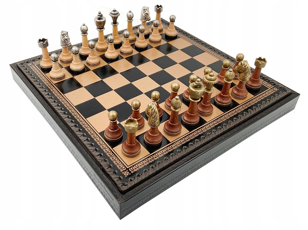 Italian Chess Classic Metetal/Wood+Chess Board Leatherette Gold/Black 35