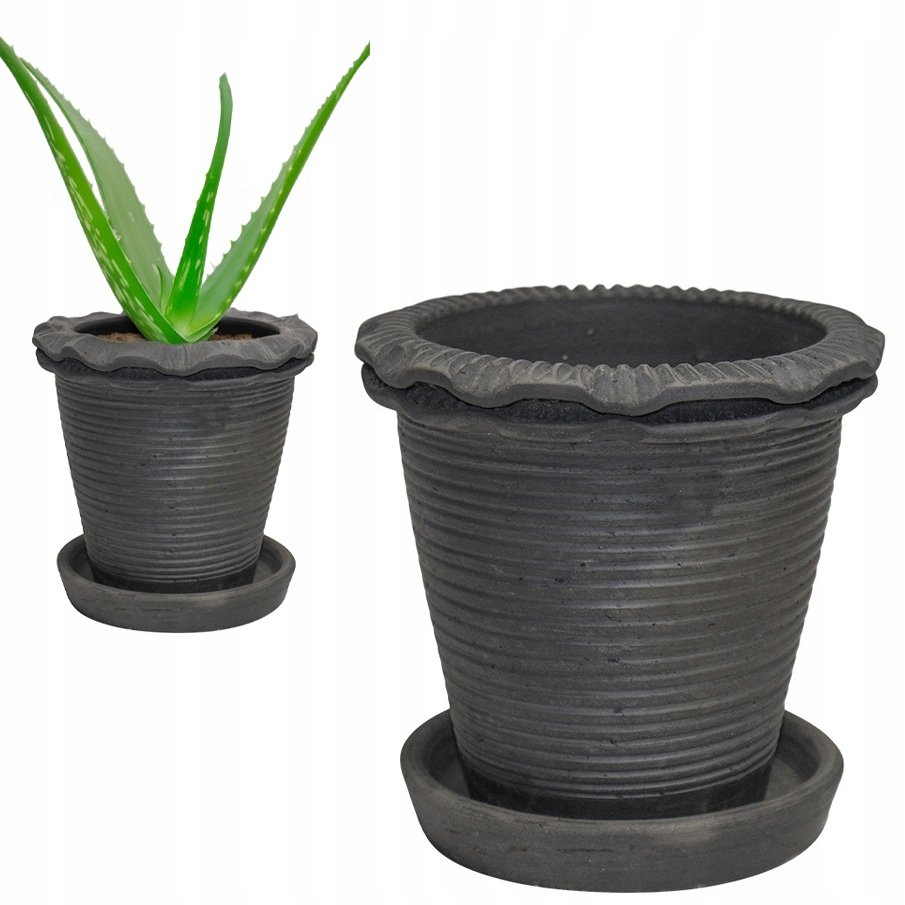 DONICZKA GLINIANA 15cm z podstawką czarna okrągła do salonu na aloes