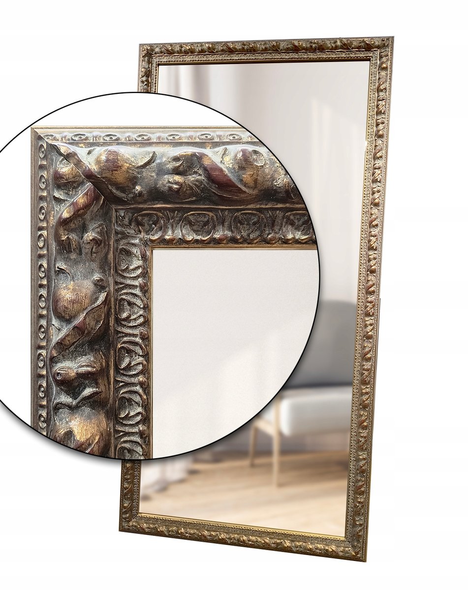 Lustro w drewnianej masywnej rzeźbionej postarzanej złotej ramie 50x40 d10