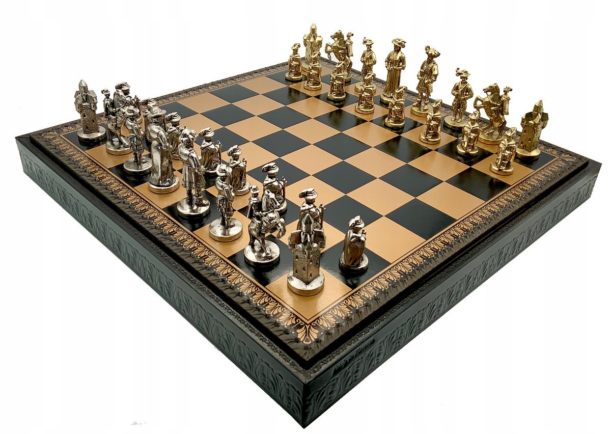Italian Set Chess Pieces Landsknecht+Chess Board Leatherette Gold/Black 48