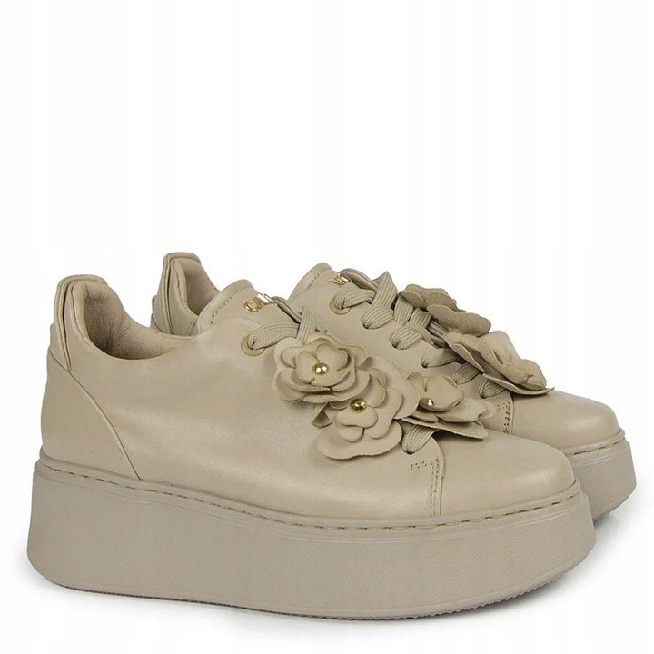 Beżowe półbuty sneakersy Carinii B10025-T43 skóra platforma modne r.36