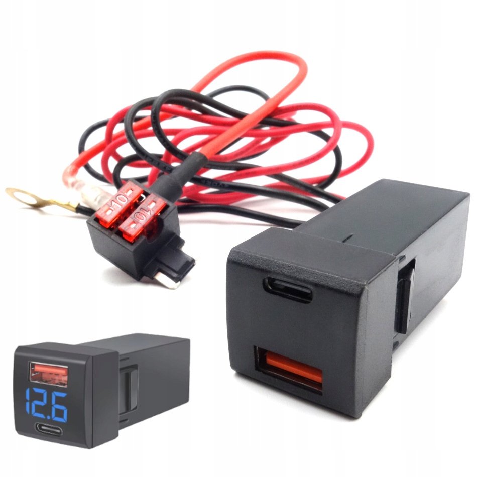ŁADOWARKA SAMOCHODOWA MONTAŻOWA USB 12V-24V QC3.0 PD NIEBIESKI WOLTOMIERZ