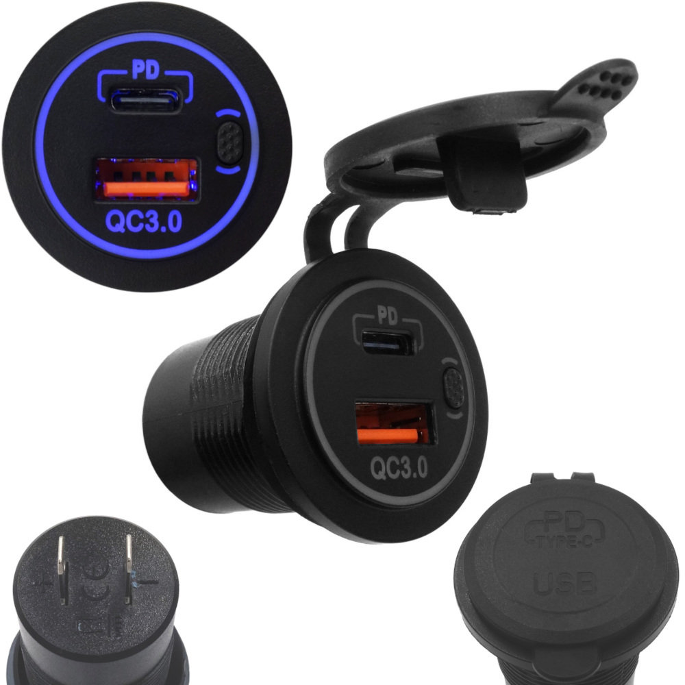 ŁADOWARKA SAMOCHODOWA MONTAŻOWA USB Z WYŁĄCZNIKIEM USB-C PD i QC3.0 BLUE